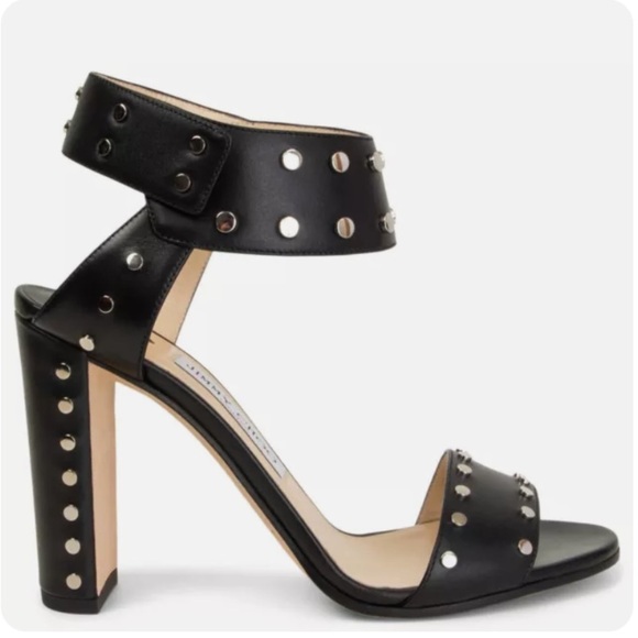 Jimmy Choo Veto 100 Silver Studded Block‎ Heel Sandals Black Nappa Leather 38 - Picture 1 of 11
